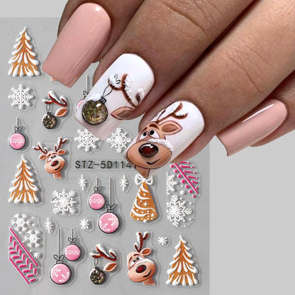 5D Christmas Nail Stickers Cartoon Elk Santa Claus Snowflakes New Year Sliders Festive Embossed Nail Art Decals Decoration