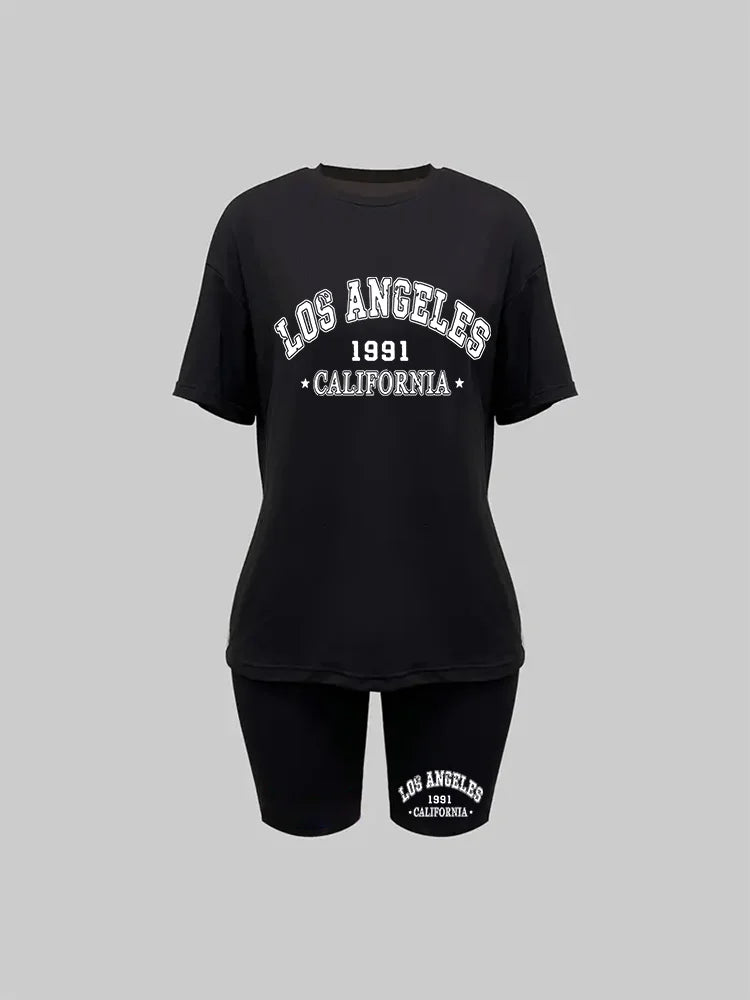 Los Angeles print paired with a two-piece set, casual short sleeved T-shirt and drawstring shorts set, women's clothing