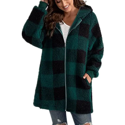 Fashion simple autumn and winter plush women's coat new long sleeve plaid thick warm hooded zipper with pocket loose coat