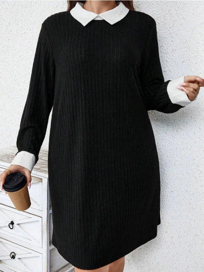 GIBSIE Plus Size Women Casual Black Rib-knit Mini Dress with White Collar Spring And Fall Long Sleeve Female Loose Dresses