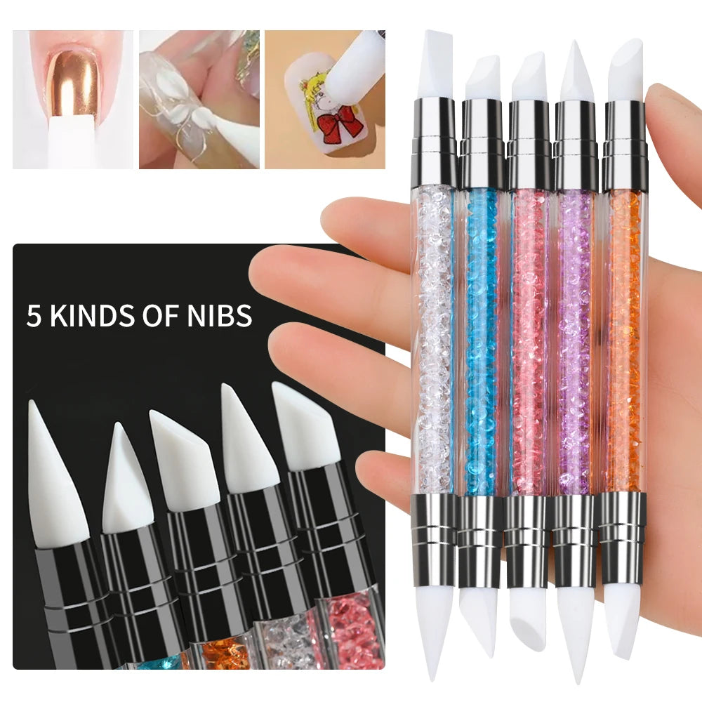 5Pcs/Set Sculpture Dotting Pen Nail Art Silicone Brush Colorful Crystal Dual-head Carving Flower Painting Pen DIY Manicure Tools