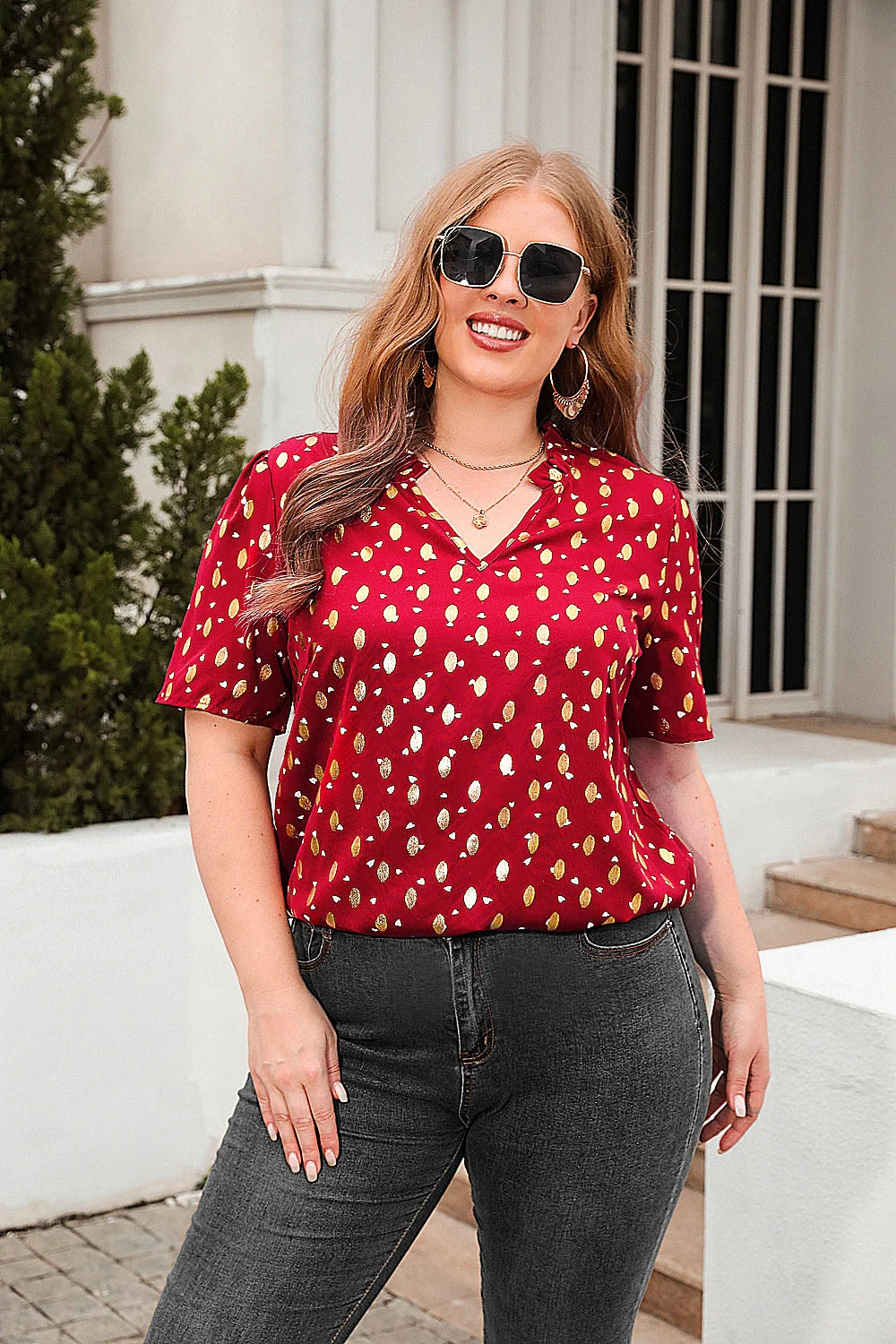 GIBSIE Plus Size Gold Print V-Neck Blouse For Women Fashion 2023 New Summer Short Sleeve Sweet Casual Streetwear Tops Blouses