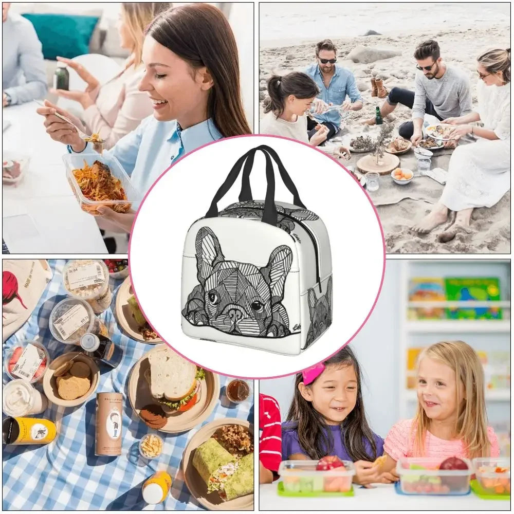 French Bulldog Puppy Facial Insulated Lunch Bag for Work School Picnic Resuable Portable Thermal Cooler Lunch Box for Women Kids