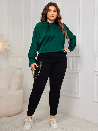 GIBSIE Plus Size Keyhole Long Sleeve Green Shirt Women Autumn New Solid Elegant Office Ladies Satin Tops And Blouses 2024