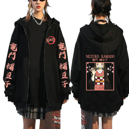 Men Women Anime Zip Hoodie Demon Slayer Graphic Print Plus Size Sweatshirt Harajuku Unisex Winter Warm Streetwear Zip Up Jacket