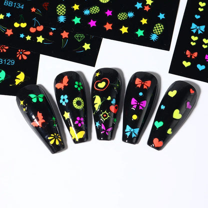 24Sheets Neon Daisy Flowers Nail Art Stickers 3D Fluorescent Floral Design Nail Charms Foils Butterfly Heart Bow DIY Decal Decor