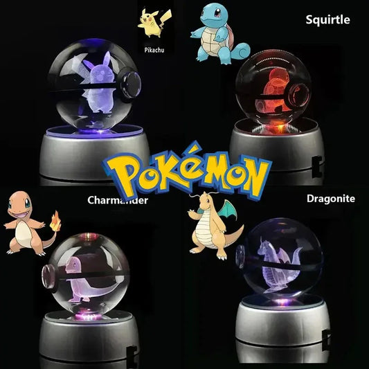 Pokemon 3D Crystal Ball Pikachu Figure Pokeball Engraving Crystal Charizard Model with Led Light Base Toys Anime Christmas Gift