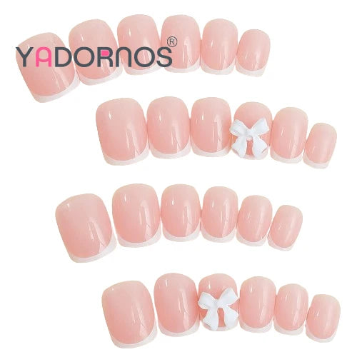 White French Press on Nails 3D Bowknot Fake Nails Tips Full Cover Wearable False Nails for Women and Girls DIY Manicure 24Pcs