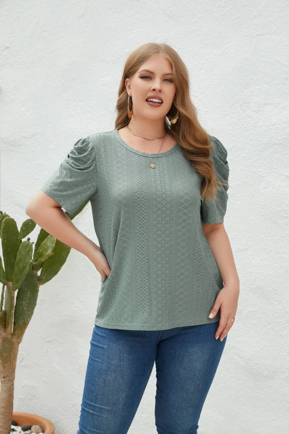 GIBSIE Plus Size Solid O-Neck Leg of Mutton Sleeve Blouse Women Fashion 2023 New Summer Office Casual Women's Blouses Tops