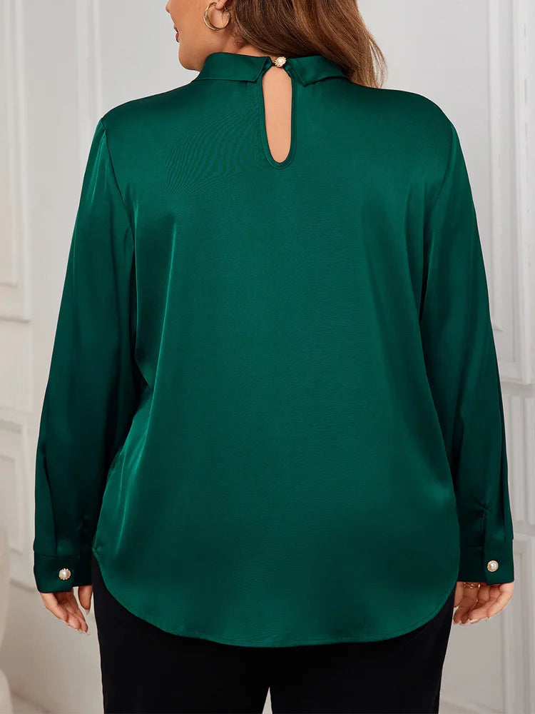 GIBSIE Plus Size Keyhole Long Sleeve Green Shirt Women Autumn New Solid Elegant Office Ladies Satin Tops And Blouses 2024