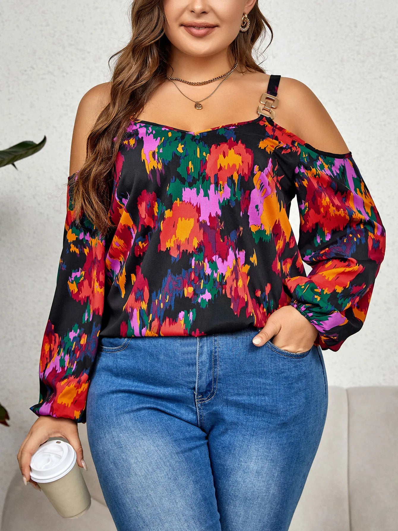 GIBSIE Plus Size Cold Shoulder V Neck Long Sleeve Print Blouses Women Fashion 2023 Spring Fall Sweet Casual Blouse Top Shirt