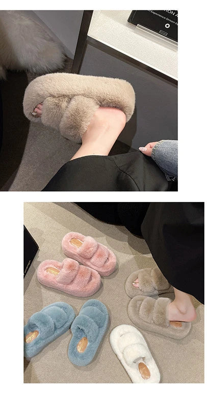 Woman Furry Ladies Fur Luxury Fluffy Plush Slipper House Soft Fuzzy Platform Indoor Casual Winter Home Warm High Heels Female