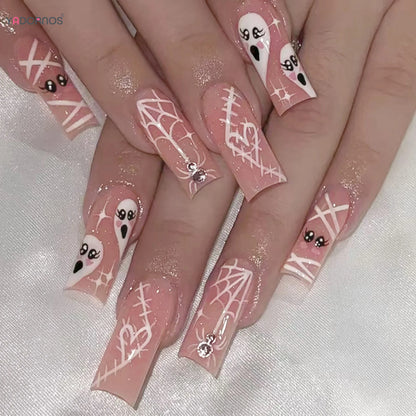 Halloween Pink Press on Fake Nails Long Coffin Square Head False Nails White Ghost Spider Web Designs Women Full Cover Nail Tips