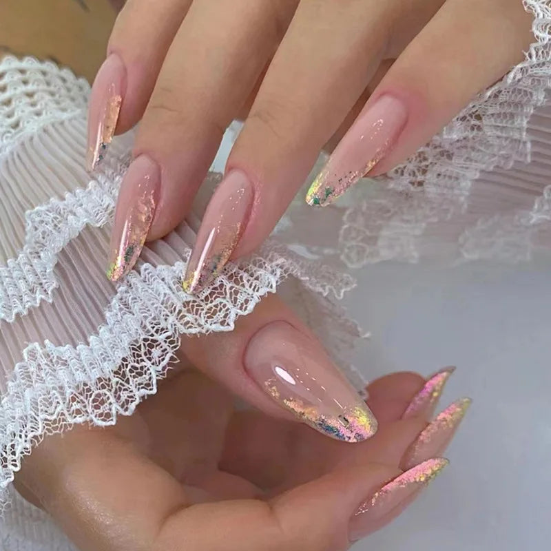 24Pcs Glitter Simple Pink False Nails with Jelly Glue Round Head Almond Fake Nails Manicure Wearable Full Cover Press on Nails