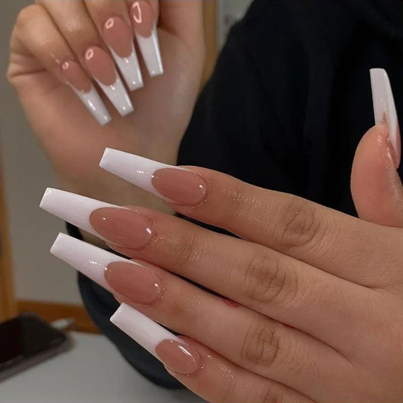 24Pcs Simple White French Press on Nails with Glue Long Ballet False Nails Wearable Coffin Fake Nails Full Cover Nail Tips