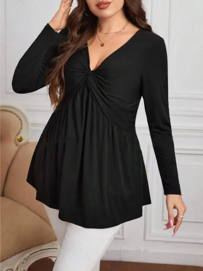 GIBSIE Plus Size Black Twist Front V-neck Blouse Women Spring Fall Casual Long Sleeve Slim-fit Elegant Blouses Tops 2024 New