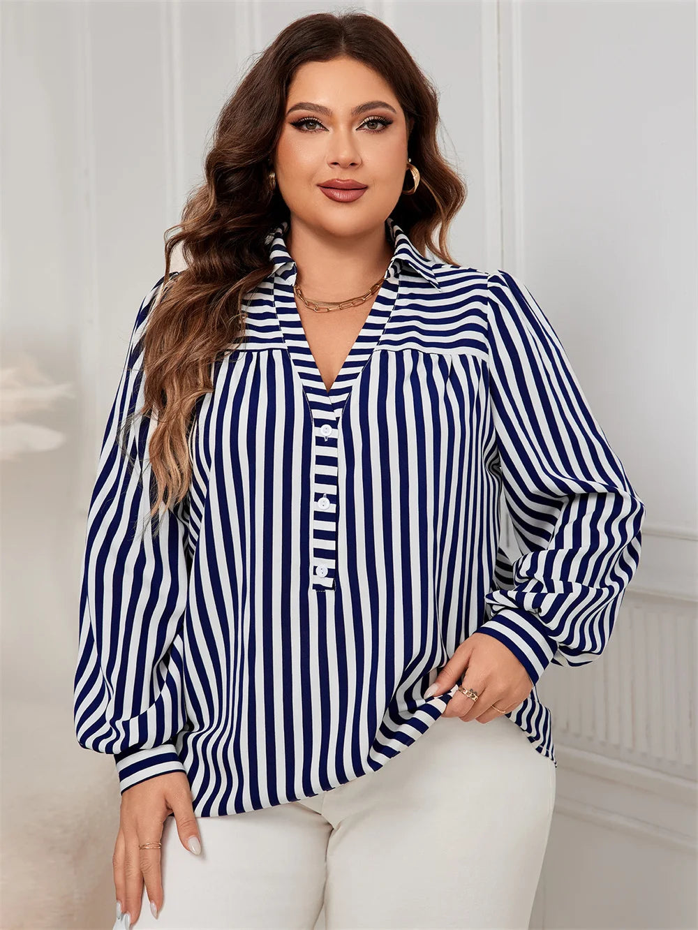 GIBSIE Plus Size Blue And White Striped Shirt Woemn Autumn New Polo Collar Long Sleeve Button Front Casual Loose Blouses Tops