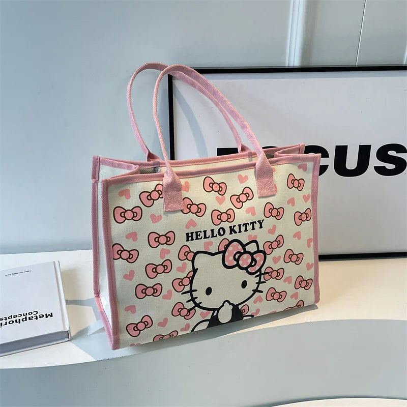 Hello Kitty All Match Retro Canvas Bag Women Commuter Shoulder Handbag Girl Student Large Capacity Cartoon Schoolbag