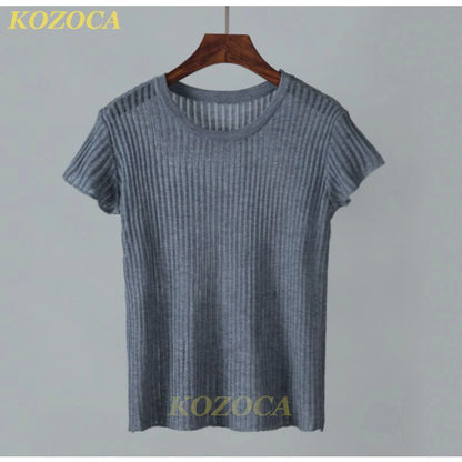 Kozoca 100% Wool Chic White Elegant Striped See Through Women Tops Outfits Short Sleeve T-Shirts Tees Skinny Club Party Clothes