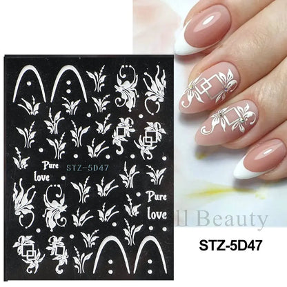 5D Pink Embossed Flowers Nail Sticker White Acrylic Lace Butterfly Adhesive Sliders Elegant Nail Art Decorations LASTZ-5D53