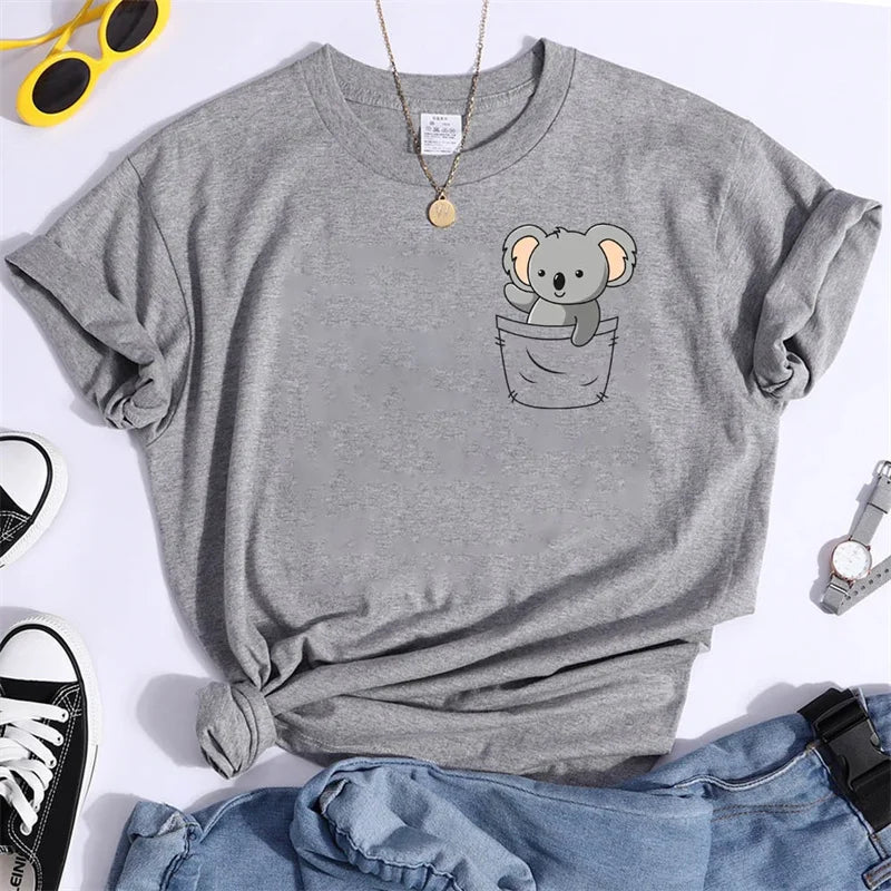 Funny Koala Print T-shrits for Women Summer Tshirts Short Sleeve Cute Kawaii Tees Loose Women's T-shirt Tops Thirt Shirt Femme