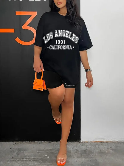 Los Angeles print paired with a two-piece set, casual short sleeved T-shirt and drawstring shorts set, women's clothing