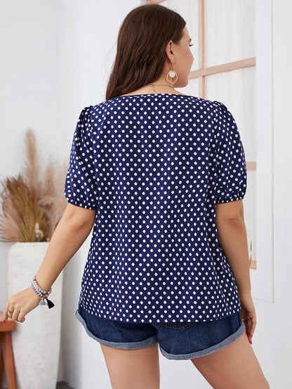 GIBSIE Plus Size Polka Dot Square Neck Puff Sleeve Top Blouse Women Boho 2024 Summer Korean Fashion Loose Blouses 3XL 4XL