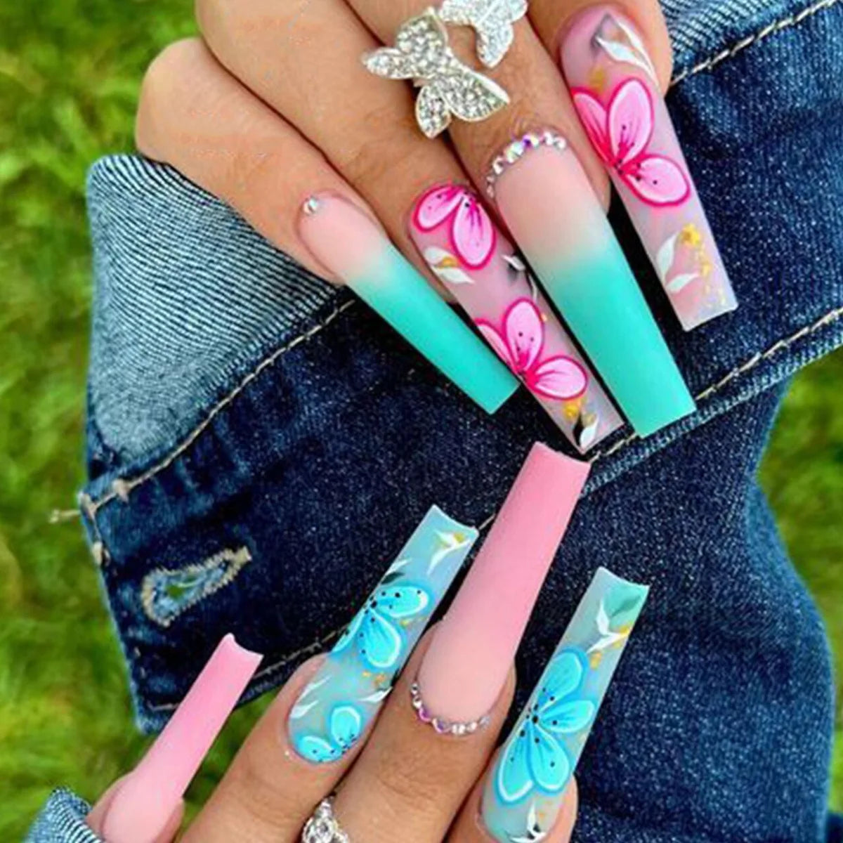 24Pcs Wearable Colorful Butterfly Designs French Press on Nails Long Ballet False Nails with Rhinestone acrylic Fake Nails tips