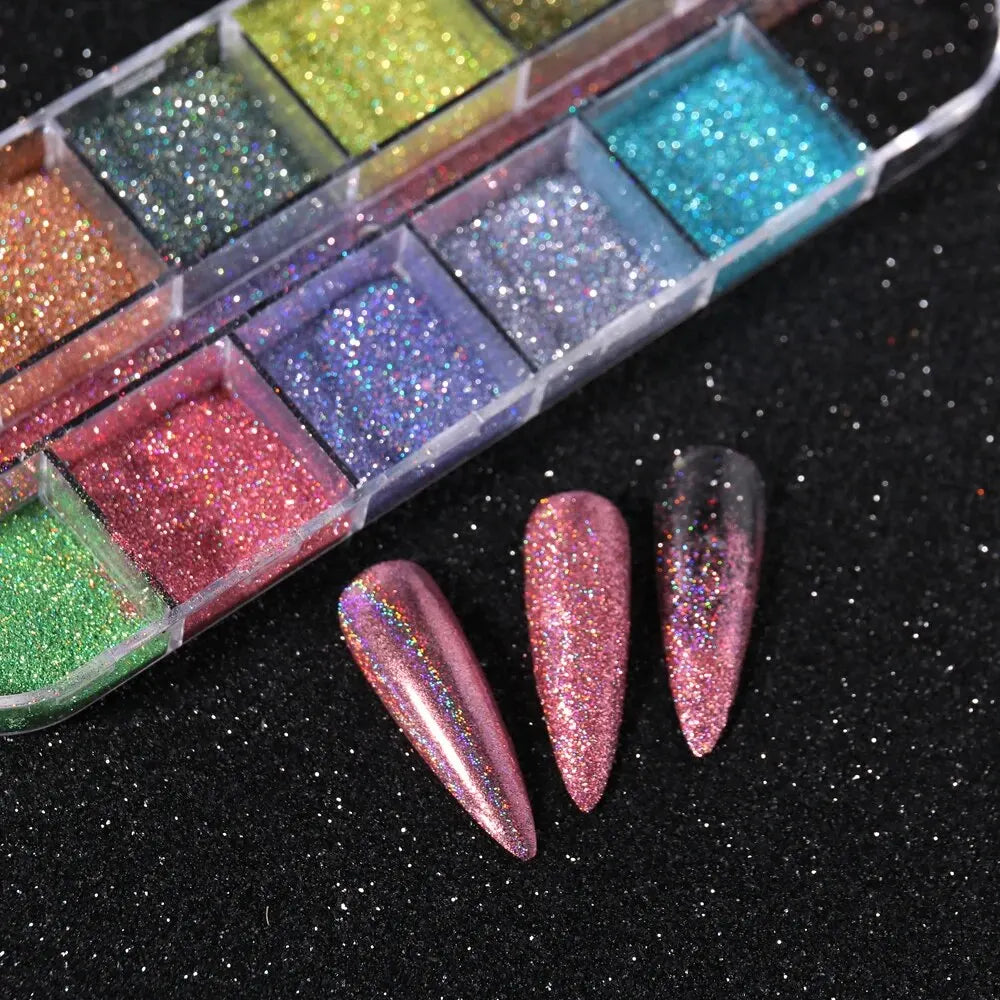 Holographic Powder Set Holo Silver Rub Dust Black Pink Chrome Nail Glitter Powder Laser Pigment For Nail DIY Manicure