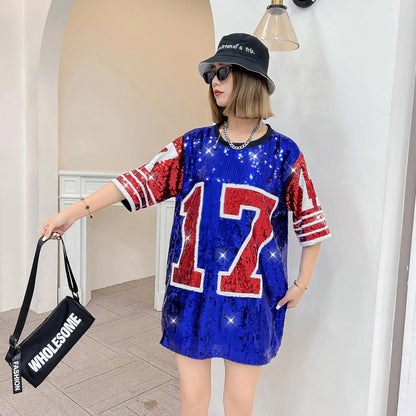 2023 New Sequins Digit Patchwork Round Neck Streetwear Short Sleeve Female T-Shirt Dress Striped Hip Hop Loose Night Club Women