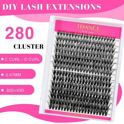 TDANCE 280PCS DIY Mix Clusters Kit 30D/40D Lash Bond and Seal and Remover Accessories Self-Grafting EyeLashes Extension At Home