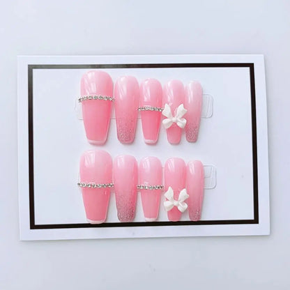 Handmade Press On Nails Hello Kitty Butterfly Rhinestones Full Cover Ballerina Manicuree Decoration Wearable Nail Party Sticker