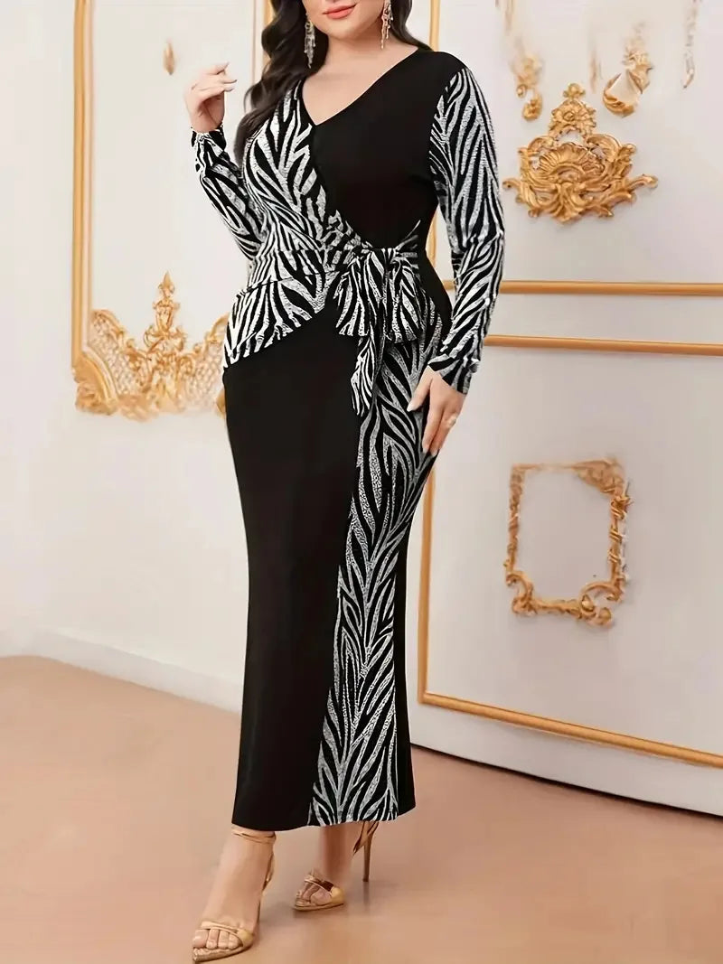 GIBSIE Plus Size V-neck Print Tie Mermaid Hem Dress Women Autumn New Black Elegant Long Sleeve Bodycon Maxi Dresses 2024 New