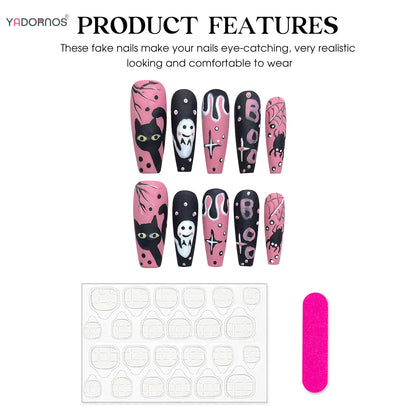 Handmade Halloween Press on Nails Pink Black Long Coffin Fake Nails White Ghost Black Cat Spider Star Designs Party Nails Patch