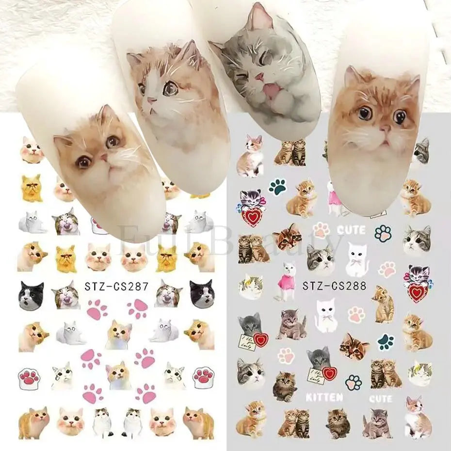 Lovely Cat 3D Nail Decals Cartoon Cute Pink Cat Claw Kitten Self Adhesive Slider Nail Art Sticker Kawaii Animals Manicure Decor