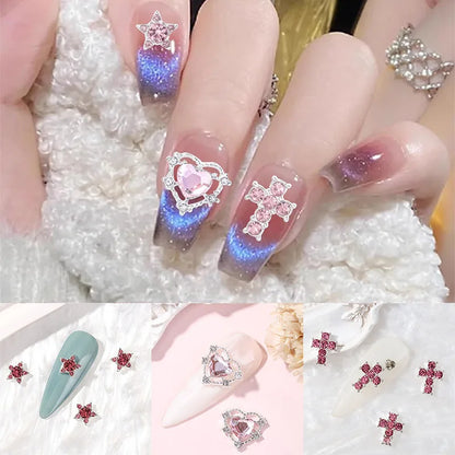 30Pcs Pink Nail Charms Alloy Rhinestones 3D Star Butterfly Heart Cross Gem Nails Crystal Diamond Nail Art Decoration Accessories