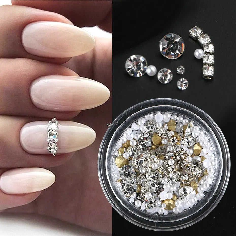 Crystal White Nail Rhinestones Glitter Wedding Bride Design Flatback Gems Charms Beads 3D Nail Art Decoration DIY Parts LAS-008