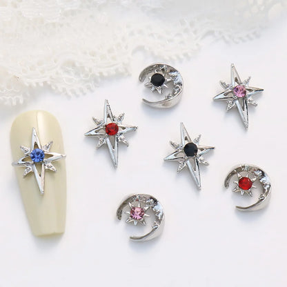 10Pcs 3D Punk Star Nail Art Charms Luxury Shiny Pink Blue Star Moon Nail Crystal Rhinestones Fashion DIY Manicure Accessories