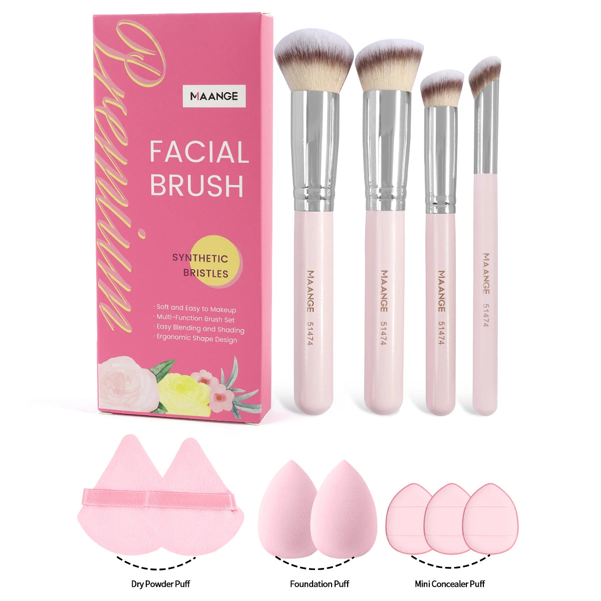 MAANGE 11PCS Makeup Tool Kit 4PCS Makeup Brush Wih Powder Puff Makeup Sponge Finger Air Cushion Puff Concealer Blend Eyeshadow