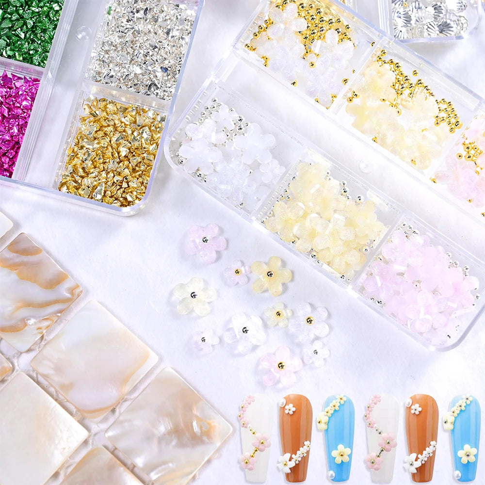 6Grids Gold Nail Art Alloy Studs Seaside 3D Decoration Sea Shell Star Pearl Charm Metal Frame Rivets Nail Rhinestone Accessories