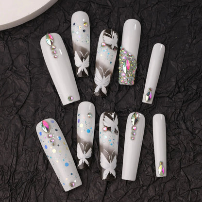 10Pcs White Y2K False Nails Butterfly Super Long Coffin Press on Nails Rhinestone Wearable Fake Nails Party Drama Finger Nail