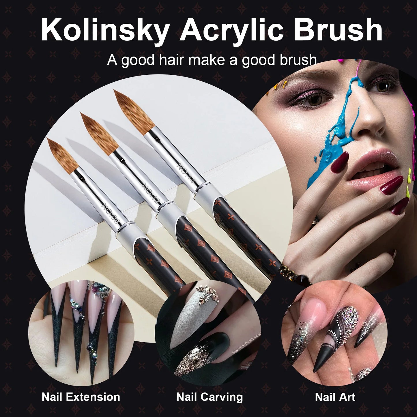 2PC Nail Acrylic Brush 100%Kolinsky Sable Acrylic Brush UV Gel Carving Pen Brush Liquid Powder DIY Nail Drawing Nail Art Brushes