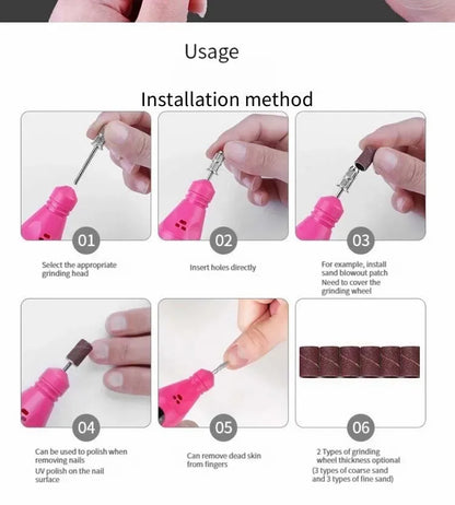 Fushia Pink USB Electric Nail Drills Kit Remove Polish Manicure Pedicure 6pcs Nail File Sanding Bands Machine Nail Art Pen