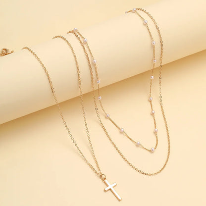 Summer New Creative Simple Temperament Lady Pearl Cross Multi-layer Necklace