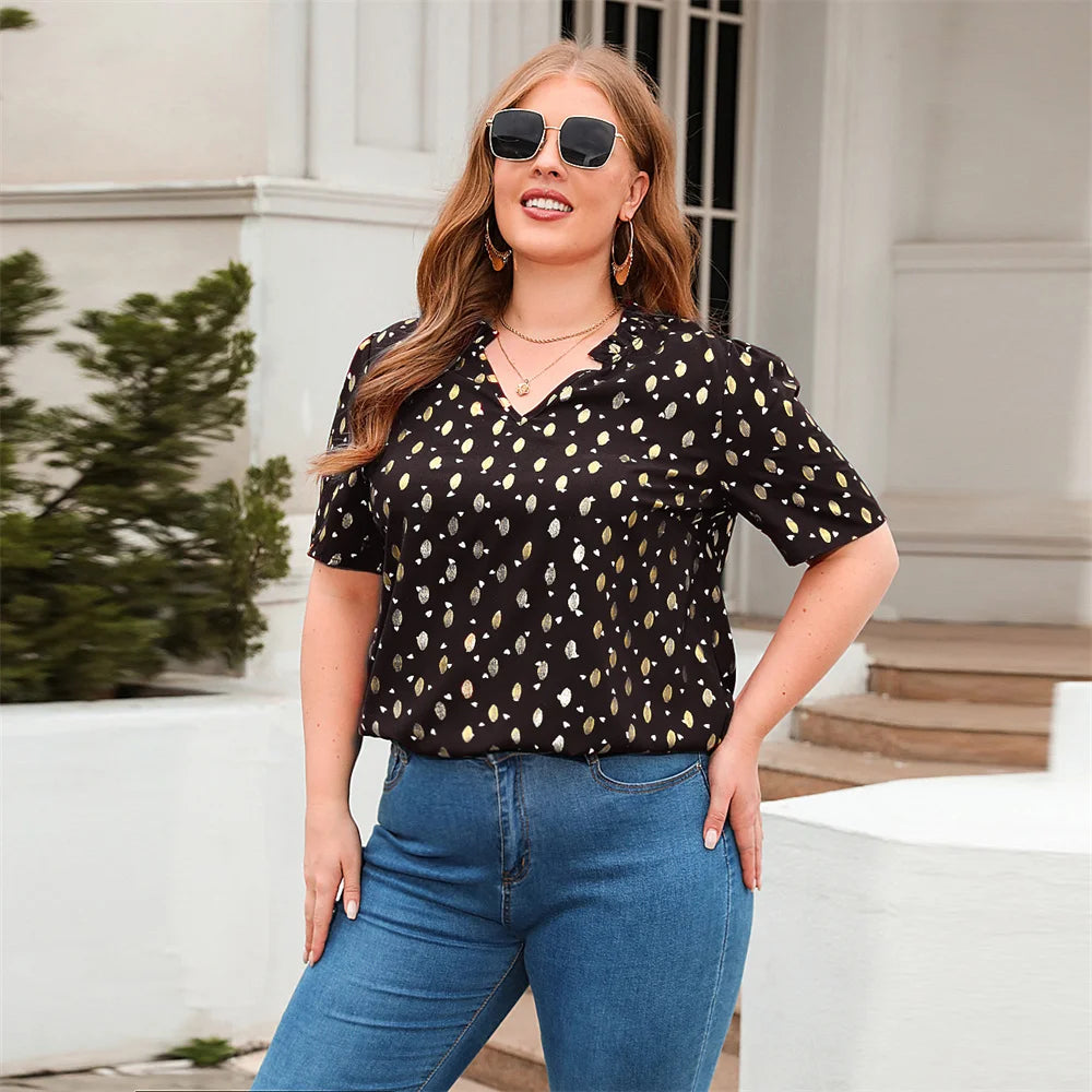 GIBSIE Plus Size Gold Print V-Neck Blouse For Women Fashion 2023 New Summer Short Sleeve Sweet Casual Streetwear Tops Blouses