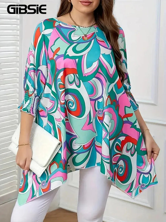 GIBSIE Plus Size Round Neck 3/4 Sleeve Print Tops Women Summer Loose Casual Asymmetrical Hem Long Blouses Women's Clothing