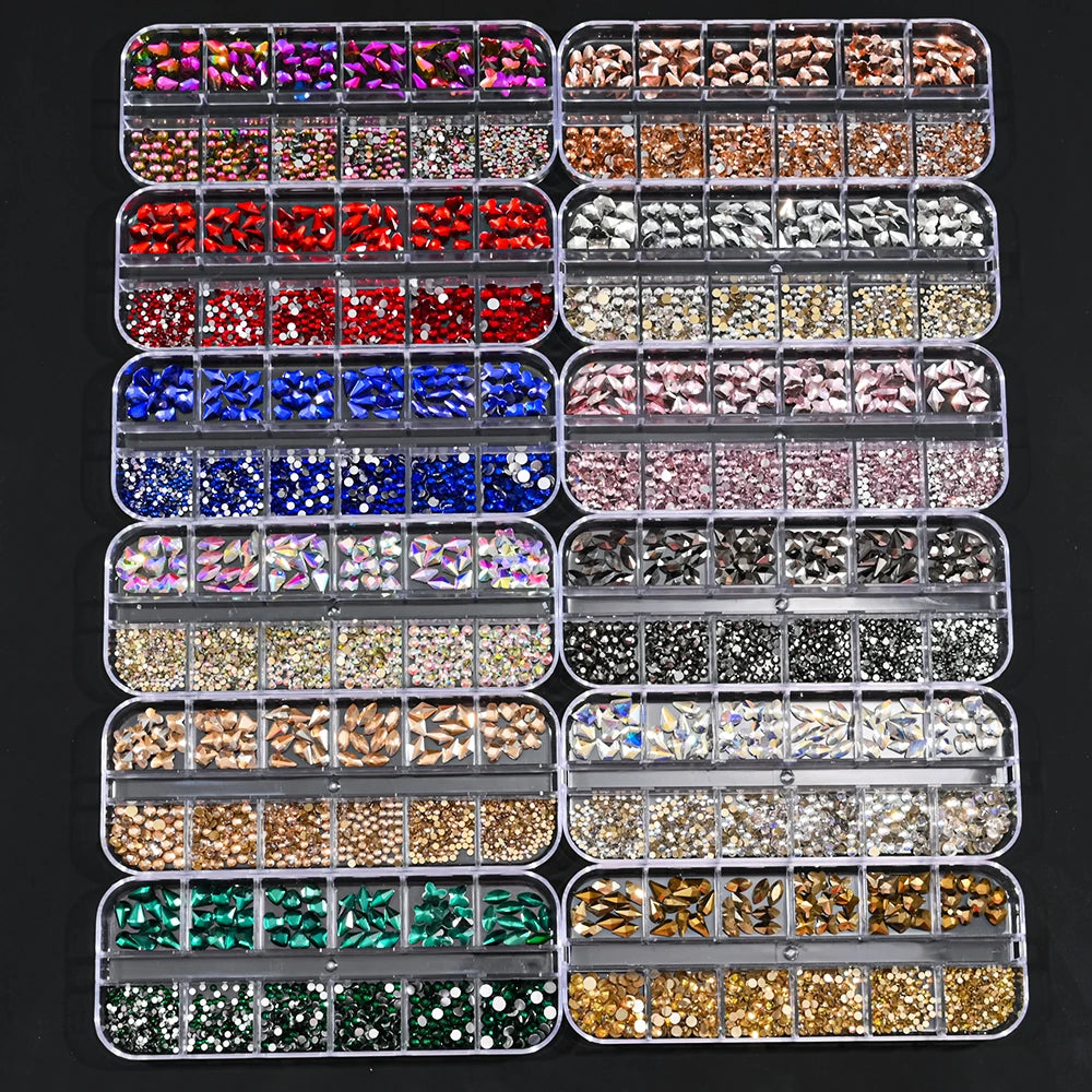 12Grids Nail Art Flatback Black Crystal Rhinestones Beads Luxury Nail Charms 3D Glitter Non Hotfix Diamond Gems For Manicure