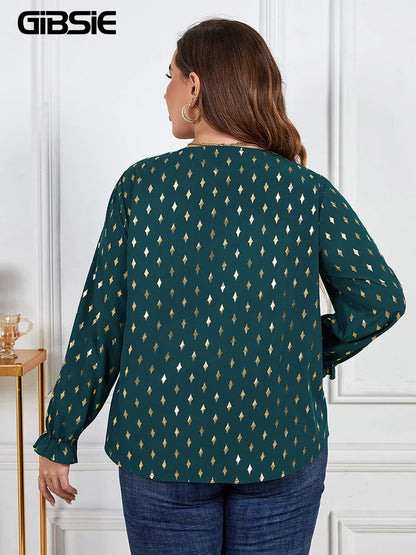 GIBSIE Plus Size Gold Print Frill Trim V-Neck Blouse Women Spring Fall Buttons Casual Long Sleeve Ladies Tops And Blouses 2023