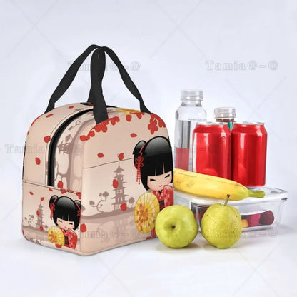 Japanese Red Sakura Kokeshi Doll Insulated Lunch Bag for Women Resuable Cute Girly Cherry Blossom Thermal Cooler Lunch Box