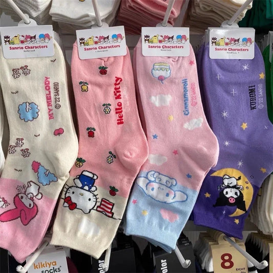 Fashion Sanrio Socks Kawaii Hello Kitty Kuromi Cinnamoroll Cartoon Kawaii Student Stockings Cute Girls Cotton Home Warm Socks